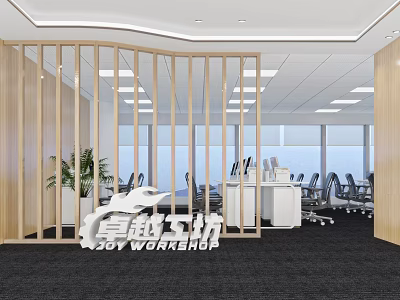 Modern Public Office Space with Open Layout Wooden Dividers Workstations and Green Plants 3d model