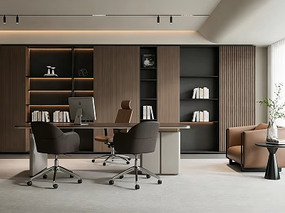 Modern Office Interior Featuring Desk Ergonomic Chairs Bookshelves Sofa And Potted Plant 3d model