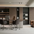 Modern Office Interior Featuring Desk Ergonomic Chairs Bookshelves Sofa And Potted Plant