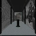 Traditional Chinese Entrance Featuring Red Door Golden Decor Lanterns Black Walls Yellow Patterns Checkered Floor