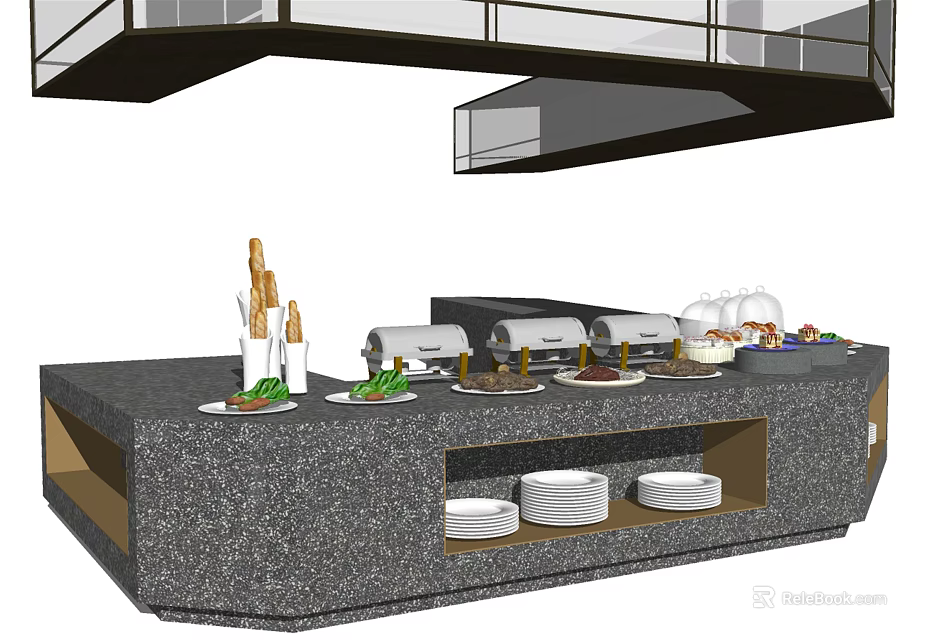 Elegant Buffet Counter With Granite Top And Assorted Food Dishes Plates 3d model 