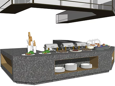 Elegant Buffet Counter With Granite Top And Assorted Food Dishes Plates 3d model