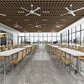 Spacious Cafeteria Interior With Long Tables Chairs Grid Ceiling Fans And Large Windows 3d model