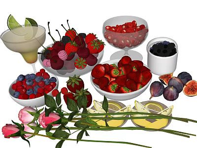 Fresh Assorted Fruits With Strawberries Raspberries Blueberries Figs Lime And Lemon Slices 3d model
