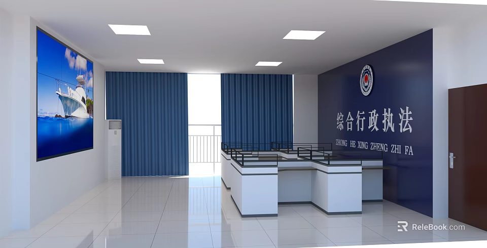 School Comprehensive Administrative Law Enforcement Office Interior With Blue Curtains And White Desks 3d model 