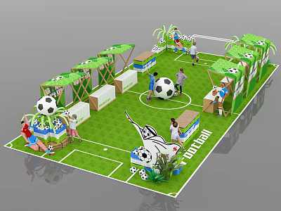 Football Themed Event Space With Green Lawn Big Soccer Balls And People Activities 3d model