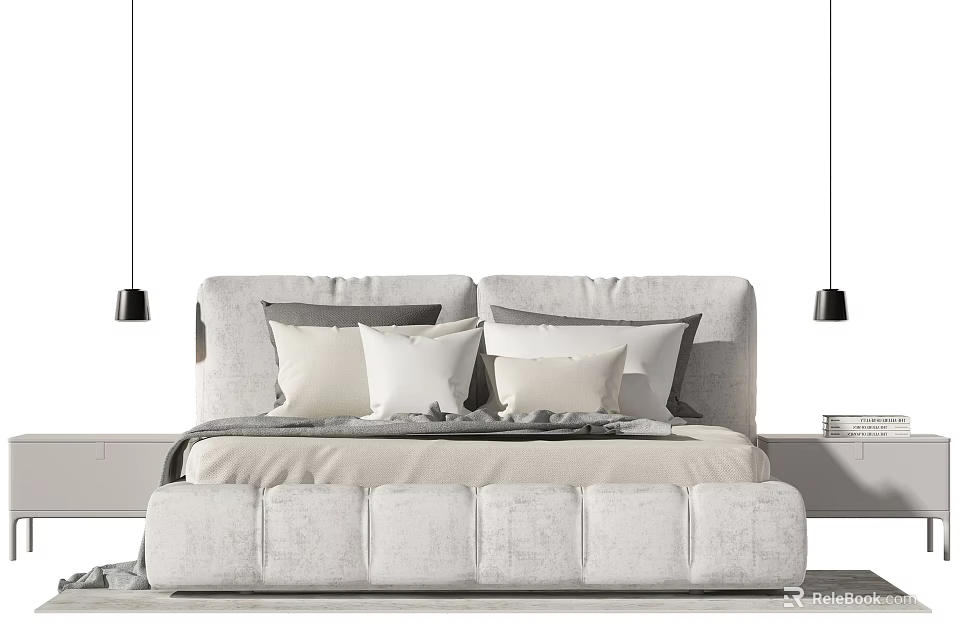 Modern Double Bed With Upholstered Headboard Plush Pillows Soft Bedding And Footstool 3d model