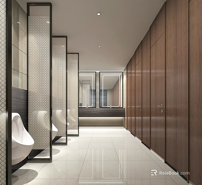 Modern Hotel Bathroom Interior With Wooden Partitions Large Mirrors And Porcelain Tiles 3d model 