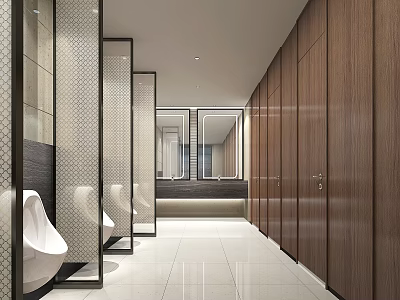 Modern Hotel Bathroom Interior With Wooden Partitions Large Mirrors And Porcelain Tiles 3d model