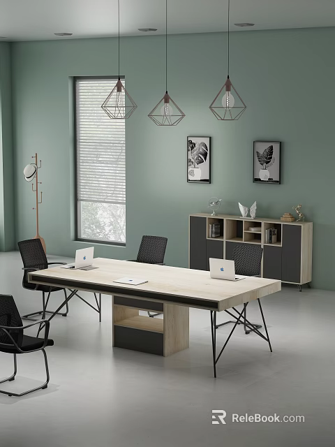 Modern Office Interior With Wooden Desk Black Chairs And Pendant Lighting 3d model 