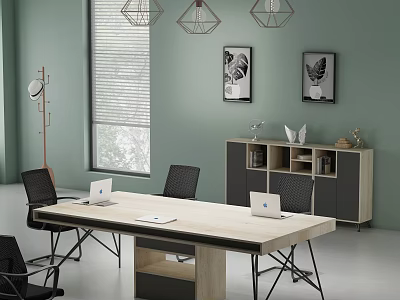 Modern Office Interior With Wooden Desk Black Chairs And Pendant Lighting 3d model