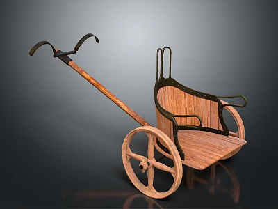 Vintage Wooden Hand Cart With Metal Frame Spoked Wheels And Handle 3d model