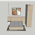 Modern Minimalist Bedroom Interior With Platform Bed Wall Art Hanging Lamp And Wardrobe