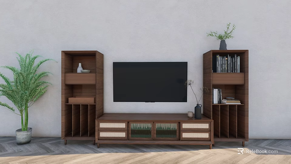 Modern TV Stand with TV and Bookshelves Storage Drawers Glass Doors Decorative Plant Books 3d model 