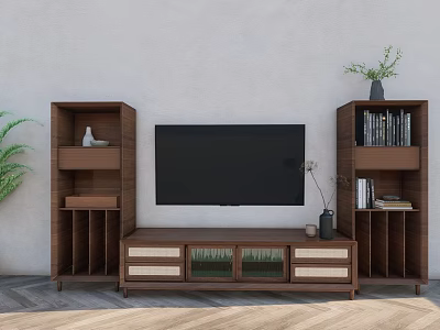 Modern TV Stand with TV and Bookshelves Storage Drawers Glass Doors Decorative Plant Books 3d model