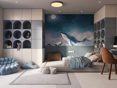 Kids Bedroom Interior With Starry Sky Whale Mural And Cozy Decor 3d model