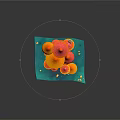 Colorful Vegetable Arrangement Featuring Mushroom Cluster on Blue Platform with Small Creatures and Coins