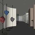 Long Minimalist Office Hallway With White Walls Wooden Partitions And Hanging Colorful Stone Decorations