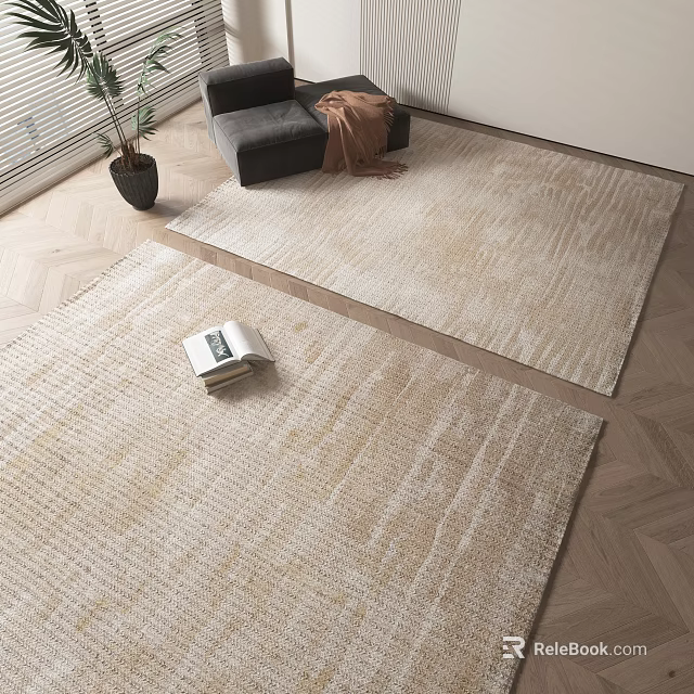 Neutral Toned Square Rugs on Wooden Floor Living Room with Gray Sofa and Book 3d model 