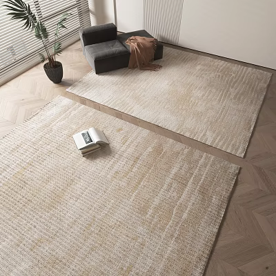 Neutral Toned Square Rugs on Wooden Floor Living Room with Gray Sofa and Book 3d model