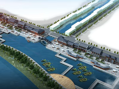 Scenic Traditional Ancient Architecture Complex With Waterfront River Stone Bridge And Lotus Ponds 3d model
