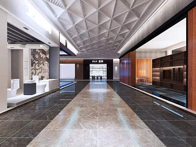 Modern Mall Interior With Spacious Corridor Geometric Ceiling And Retail Shops 3d model