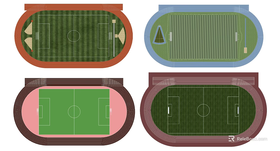 Four Different Football Field Top View Designs With Various Colors And Layouts 3d model 