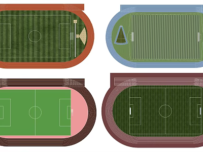 Four Different Football Field Top View Designs With Various Colors And Layouts 3d model