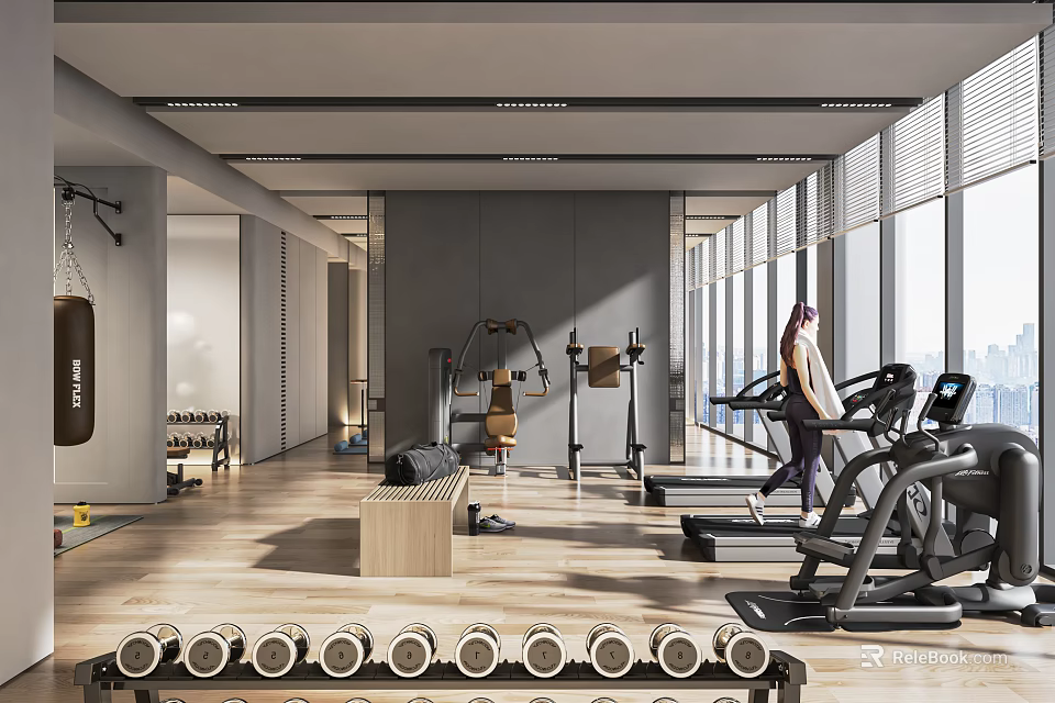Modern Gym Interior With Treadmill Dumbbells Punching Bag And Large Windows 3d model 