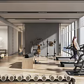 Modern Gym Interior With Treadmill Dumbbells Punching Bag And Large Windows