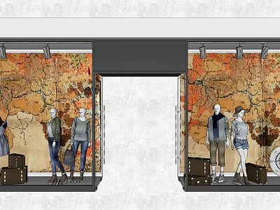 Fashionable Store Window Display With Mannequins Clothing Bags And Textured Backdrop 3d model