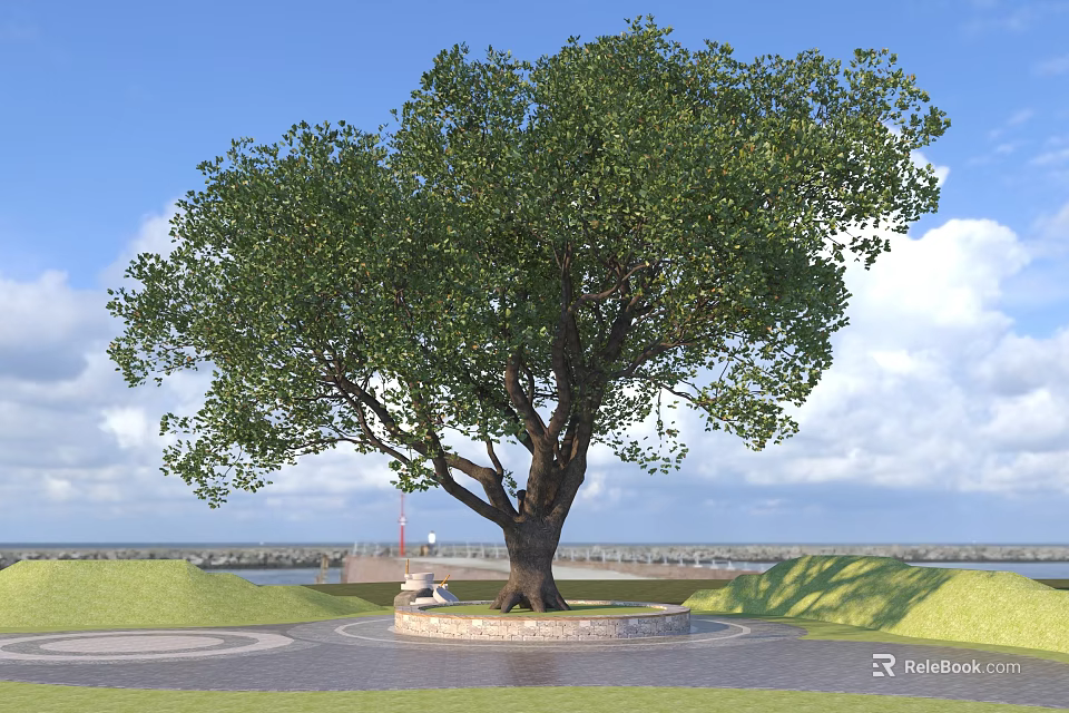 Large Deciduous Tree With Green Foliage In Park Area Under Blue Sky 3d model