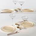 Modern Tableware Set With White Plates Glass Cups Wine Glasses And Forks