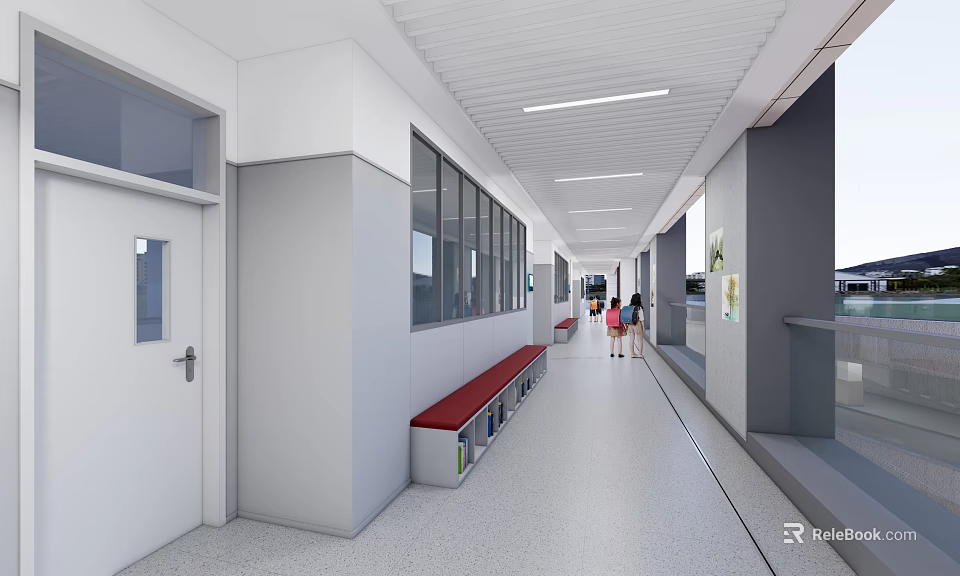 Spacious Bright Modern School Corridor With Red Bench Lockers And Windows 3d model 
