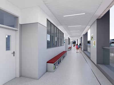 Spacious Bright Modern School Corridor With Red Bench Lockers And Windows 3d model