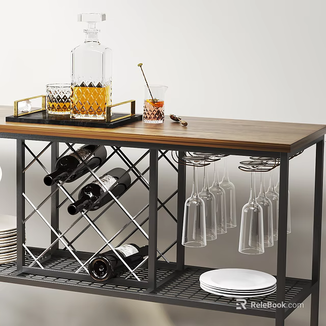 Commercial Bar Equipment With Wooden Countertop Metal Frame Wine Bottles And Hanging Glasses 3d model 