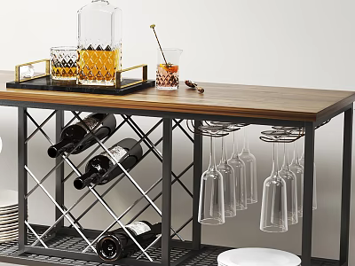 Commercial Bar Equipment With Wooden Countertop Metal Frame Wine Bottles And Hanging Glasses 3d model