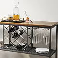 Commercial Bar Equipment With Wooden Countertop Metal Frame Wine Bottles And Hanging Glasses