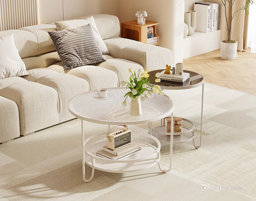 Modern Living Room Coffee Tables Design with White Round Shelf Vase Books and Tray 3d model 