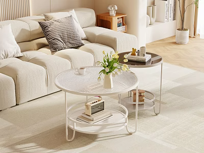 Modern Living Room Coffee Tables Design with White Round Shelf Vase Books and Tray 3d model