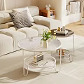 Modern Living Room Coffee Tables Design with White Round Shelf Vase Books and Tray
