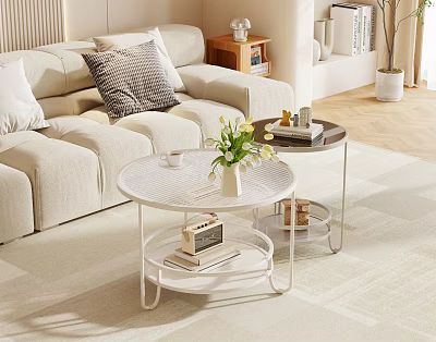 Modern Living Room Coffee Tables Design with White Round Shelf Vase Books and Tray 3d model