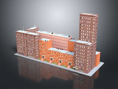 Red Brick Residential Complex With Multiple Connected Buildings And Various Heights 3d model