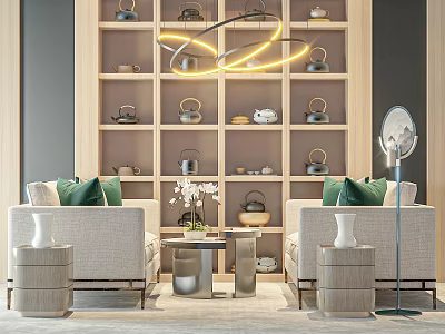 Modern Sofa And Coffee Table Set With Light Upholstery Green Pillows Decorative Shelves And Lamp 3d model