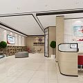 Modern Commercial Bank Lobby With Marble Walls Self-service Kiosks Potted Plants And Bright Lighting