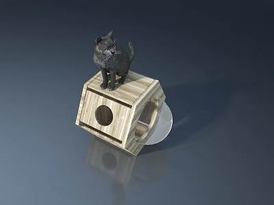 Swing Door Wooden Cat House With Circular Opening For Pet 3d model