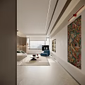 Modern Living Dining Room Interior With Curved Sofa Coffee Table Wooden Wall And Area Rug