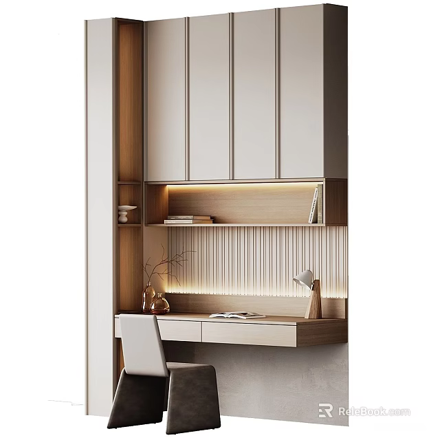 Elegant Modern Desk Interior Design With Sleek Cabinets Lighting And Decor Elements 3d model 