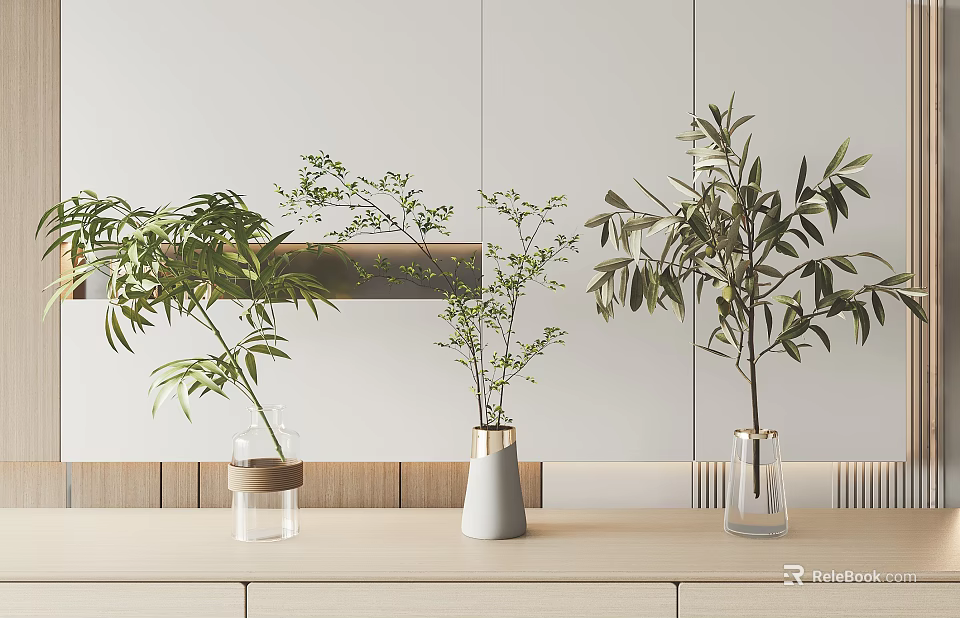 Minimalist Modern Interior with Vases Holding Green Plants on Wooden Tabletop 3d model 