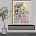 Colorful Abstract Painting On Wooden Shelf With Green Plant And Modern Floor Lamp